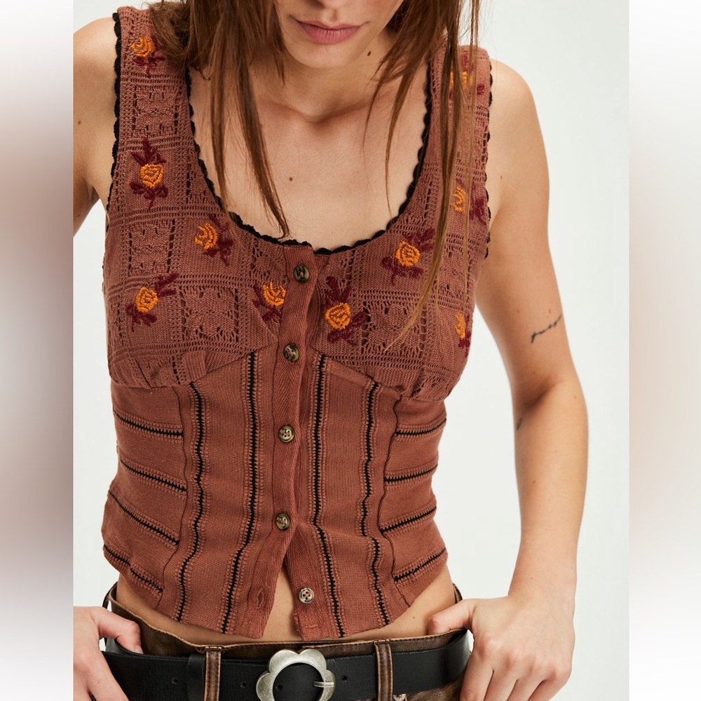 Free People Embroidered Brown Top